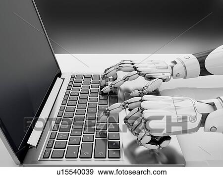 Stock Photo - Robotic arms working at the laptop. 3d illustration. Side view. Fotosearch
