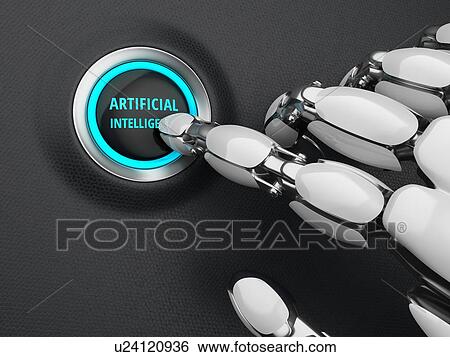 Stock Photograph - Robotic finger pressing a artificial intelligence start button. Futuristic concept. 3D illustration.. Fotosearch