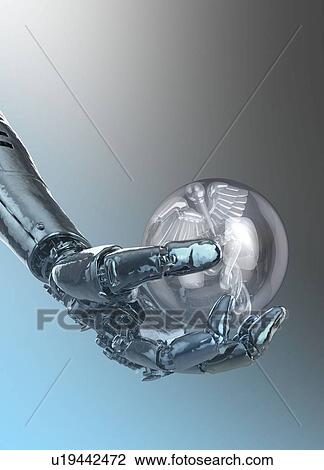 Stock Image - Robotic hand holding sphere with caduceus, conceptual illustration.. Fotosearch