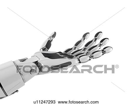 Stock Image - Robotic hand keeping empty palm, isolated on white background. 3d illustration.. Fotosearch