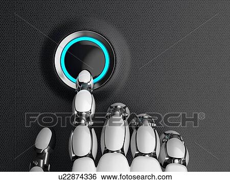 Stock Photograph - Robotic hand, presses the empty start button. 3D illustration.. Fotosearch