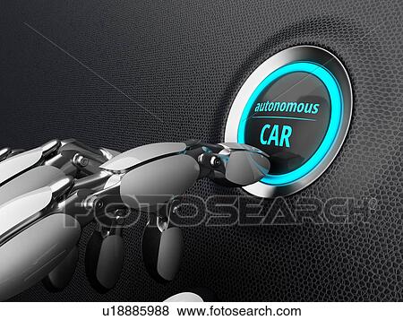 Stock Photo - Robotic hand, presses the start button of the autonomous car. 3D illustration.. Fotosearch