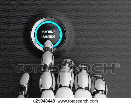 Stock Photo - Robotic hand, presses the start button of the machine learning. 3D illustration.. Fotosearch