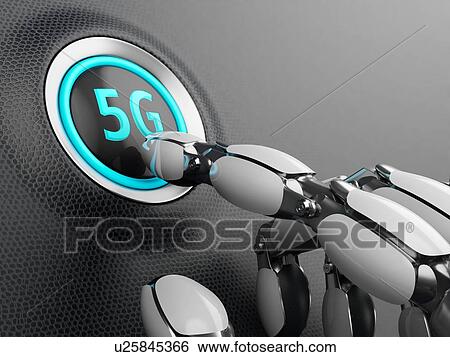 Stock Photograph - Robotic hand, presses the start button of the 5G network. 3D illustration.. Fotosearch