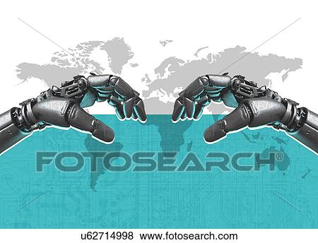 Stock Photo - Robotic hands and world map, illustration.. Fotosearch
