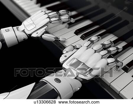 Stock Photo - Robotic hands playing the piano. Technology of artificial intelligence. 3D illustration.. Fotosearch