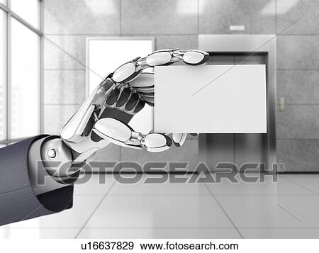 Robotics hand hold blank business card in a office space. Futuristic technology with AI. 3d illustration. View Large Photo Image Stock Photo - Robotics hand hold blank business card in a office space. Futuristic technology with AI. 3d illustration.. Fotosearch