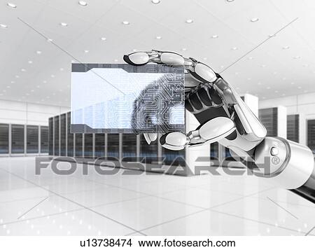 Picture - Robotics hand hold electronic blank business card in a data center. Artificial intelligence concept. 3d illustration.. Fotosearch