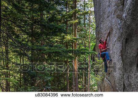 Rock climber scaling rock face close to trees, Squamish, Canada View Large Photo Image Stock Photograph - Rock climber scaling rock face close to trees, Squamish, Canada. Fotosearch