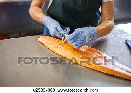 Stock Photo - Salmon being prepared in smokehouse kitchen. Fotosearch