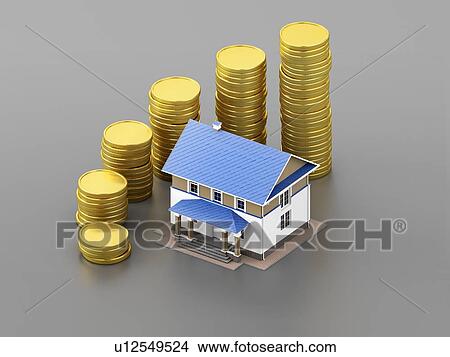 Scale model house and stacks of coins on grey background. 3D illustration. View Large Photo Image Picture - Scale model house and stacks of coins on grey background. 3D illustration.. Fotosearch