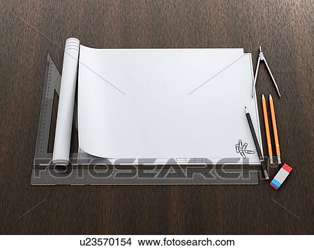 Set of objects for drawing on a wooden table. Paper, ruler, triangle, eraser, pencils, compass. Blank template for new project. 3D illustration. View Large Photo Image Picture - Set of objects for drawing on a wooden table. Paper, ruler, triangle, eraser, pencils, compass. Blank template for new project. 3D illustration.. Fotosearch