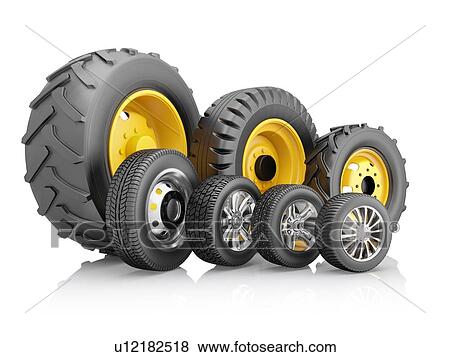 Set of tyres for a different vehicles isolated on a white background. 3d illustration. View Large Photo Image Stock Photo - Set of tyres for a different vehicles isolated on a white background. 3d illustration.. Fotosearch