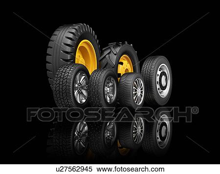 Stock Photography - Set of tyres for a different vehicles standing on a black background. 3d illustration.. Fotosearch