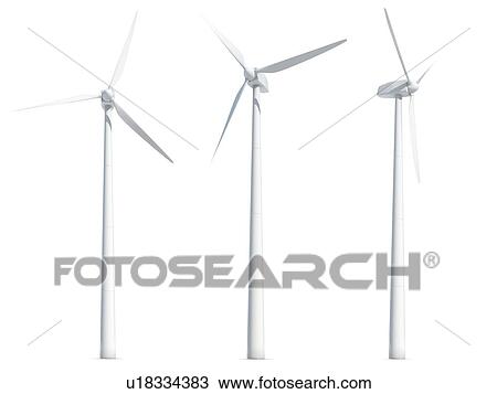 Stock Image - Set of wind turbines isolated on white background. 3D illustration.. Fotosearch