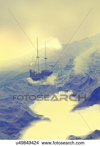 Picture - Ship on rough sea, illustration.. Fotosearch