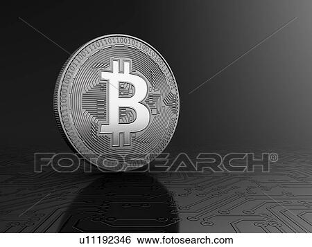 Stock Photograph - Silver bitcoin standing on a circuit board on a gray background. 3d illustration.. Fotosearch