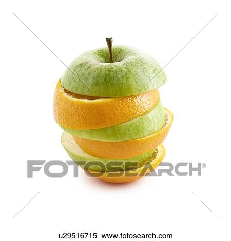 Stock Photography - Sliced apple and orange against white background.. Fotosearch
