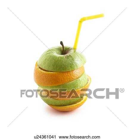 Sliced apple and orange with drinking straw against white background. View Large Photo Image Stock Image - Sliced apple and orange with drinking straw against white background.. Fotosearch
