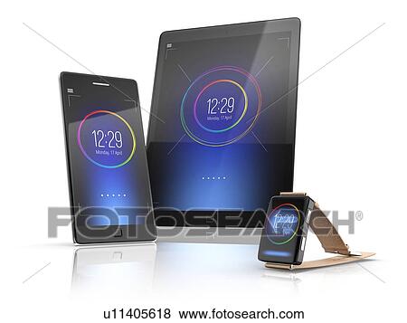 Stock Photo - Smartphone, tablet and smartwatch, illustration.. Fotosearch
