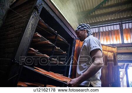 Smoked salmon being prepared in smokehouse View Large Photo Image Stock Photo - Smoked salmon being prepared in smokehouse. Fotosearch
