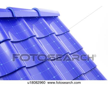 Stock Image - Solar panel integrates into the roof tiles. 3d illustration.. Fotosearch