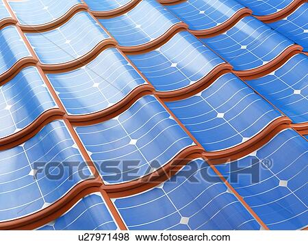 Stock Photo - Solar panel integrates into the roof tiles. 3d illustration.. Fotosearch