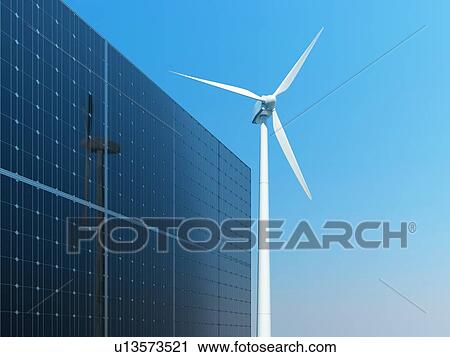 Solar panels and wind turbine against clear blue sky. 3D illustration. View Large Photo Image Stock Image - Solar panels and wind turbine against clear blue sky. 3D illustration.. Fotosearch