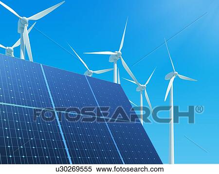 Stock Photography - Solar panels and wind turbines against clear blue sky. 3D illustration.. Fotosearch