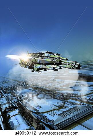 Space craft above futuristic planet, illustration. View Large Photo Image Stock Image - Space craft above futuristic planet, illustration.. Fotosearch