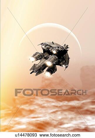 Stock Image - Space craft above planet, illustration.. Fotosearch