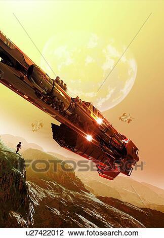 Stock Image - Space craft above planet, illustration.. Fotosearch