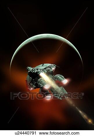 Stock Image - Space craft and planet, illustration.. Fotosearch
