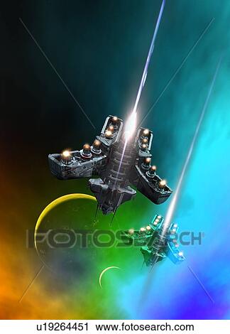 Stock Image - Space craft and planets, illustration.. Fotosearch