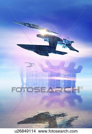 Picture - Space craft flying, illustration.. Fotosearch