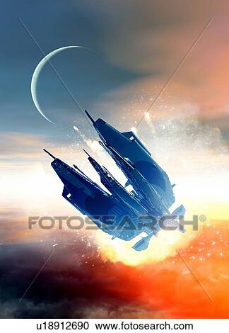 Stock Image - Space craft flying, illustration.. Fotosearch