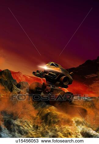 Stock Image - Space craft landing on planet, illustration.. Fotosearch
