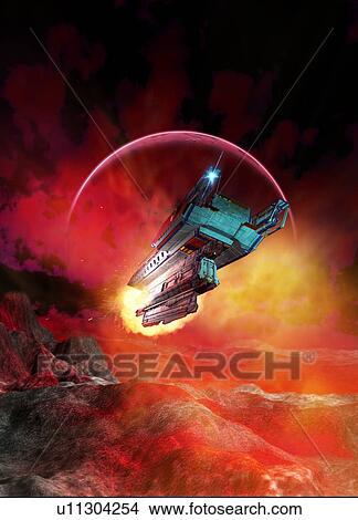 Picture - Space craft over planet, illustration.. Fotosearch