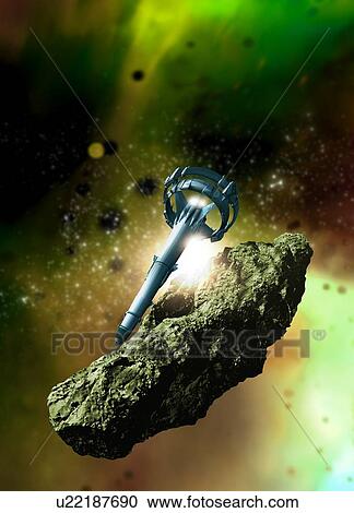 Stock Image - Space rocket hitting asteroid, illustration.. Fotosearch