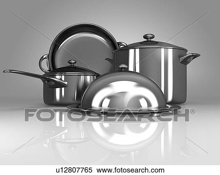Stock Photography - Stainless steel kitchenware on gray background.. Fotosearch