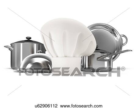 Stock Image - Stainless steel kitchenware with chef hat isolated on white background.. Fotosearch