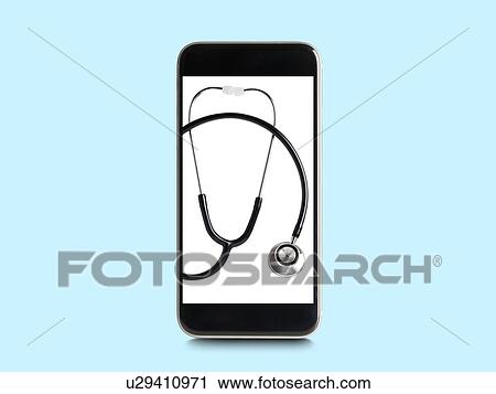 Stock Image - Stethoscope on smartphone screen.. Fotosearch