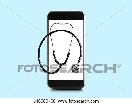 Stock Photo - Stethoscope on smartphone screen.. Fotosearch