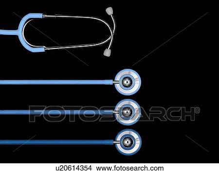 Picture - Stethoscopes in a row against a black background.. Fotosearch