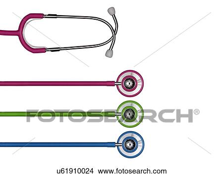 Picture - Stethoscopes in a row against a white background.. Fotosearch