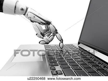 Stock Photo - The robot hand presses the key on the laptop. 3D illustration.. Fotosearch