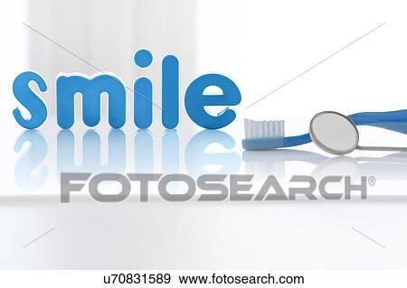 Stock Photo - The word 'smile' in blue letters with a toothbrush, against a white background.. Fotosearch