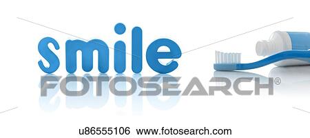 Stock Photograph - The word 'smile' in blue letters with a toothbrush, against a white background.. Fotosearch