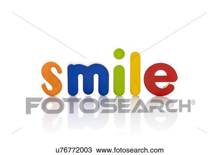 Stock Image - The word 'smile' in multicoloured letters against a white background.. Fotosearch