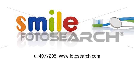 Stock Photo - The word 'smile' in multicoloured letters with a toothbrush, against a white background.. Fotosearch